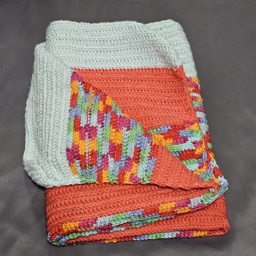Handmade Crochet Throw Blanket Coral Mint Green Multicolor Striped 31x46 Lapghan